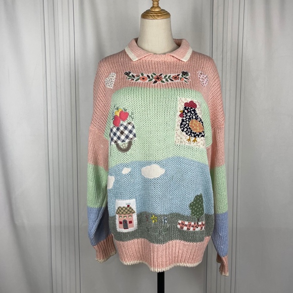 Vintage Sweaters - Vintage 80's - Color Cues - Cottage Quilted/Knit Collared Sweater-Pastel-Medium